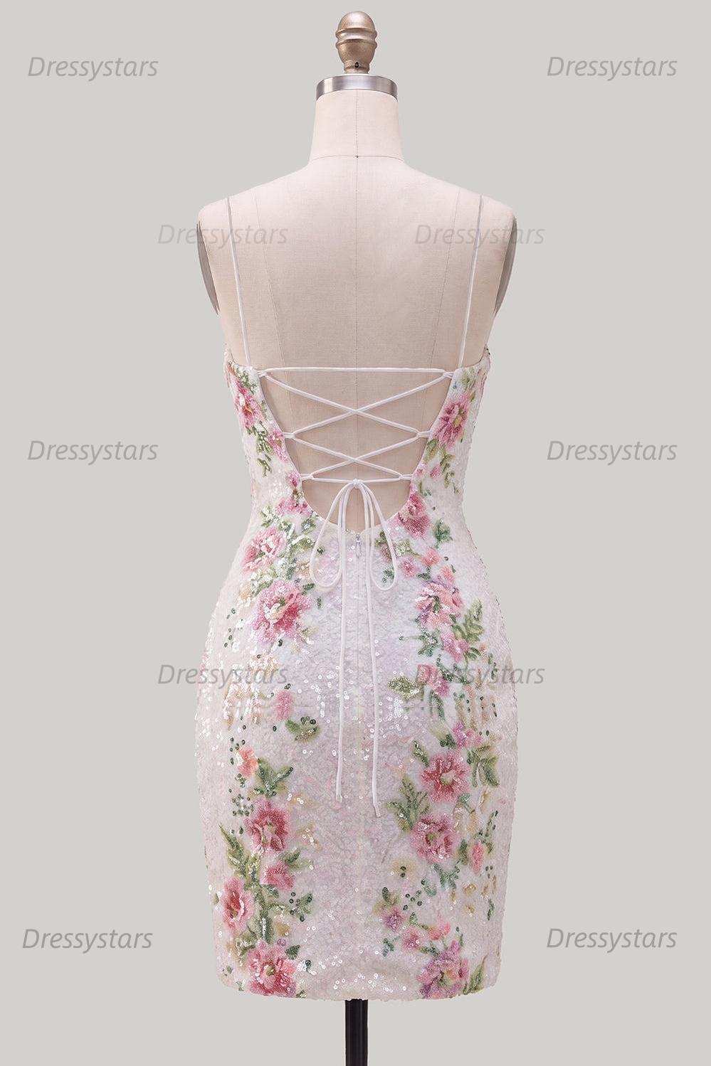 Dressystars White Floral Spaghetti Straps Tight Short Homecoming Dress with Slit