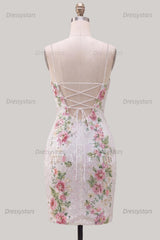 Dressystars White Floral Spaghetti Straps Tight Short Homecoming Dress with Slit