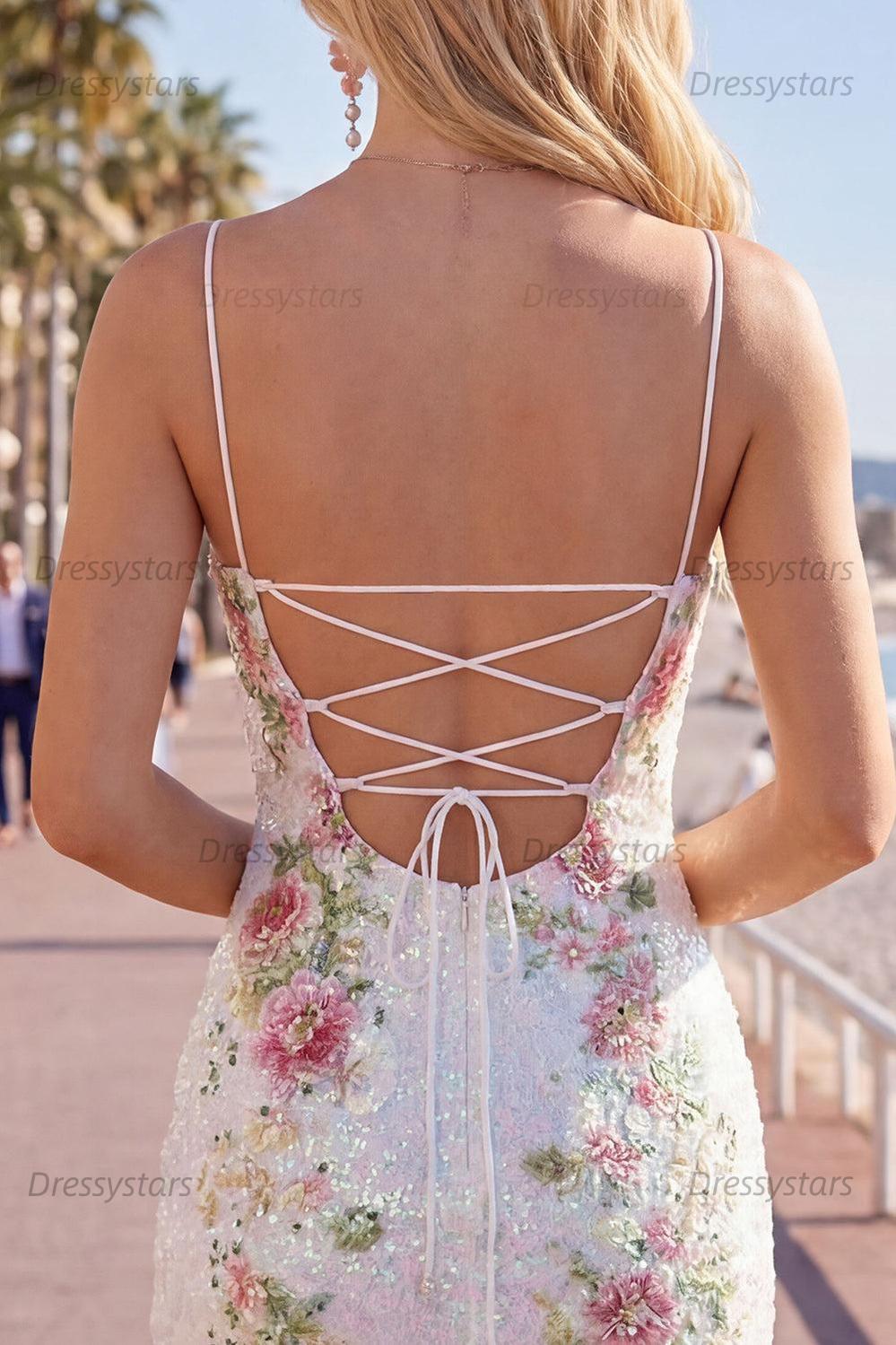 Dressystars White Floral Spaghetti Straps Tight Short Homecoming Dress with Slit