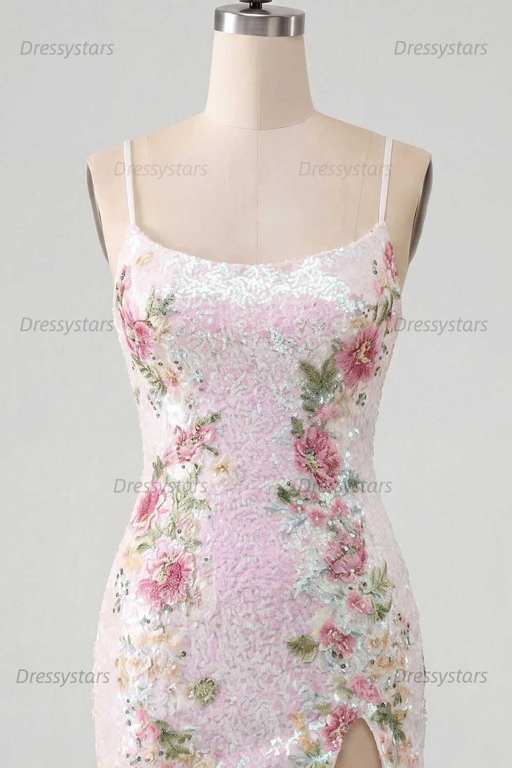 Dressystars White Floral Spaghetti Straps Tight Short Homecoming Dress with Slit