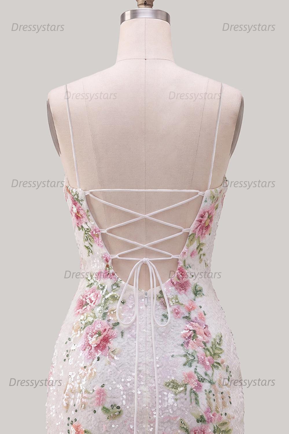 Dressystars White Floral Spaghetti Straps Tight Short Homecoming Dress with Slit