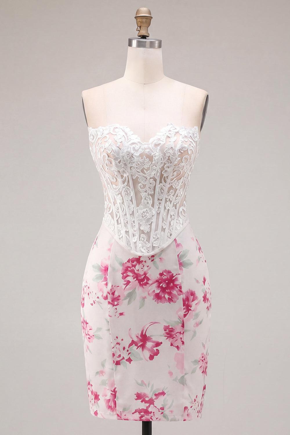 Dressystars White & Fuchsia Floral Sweetheart Lace Corset Tight Short Homecoming Dress