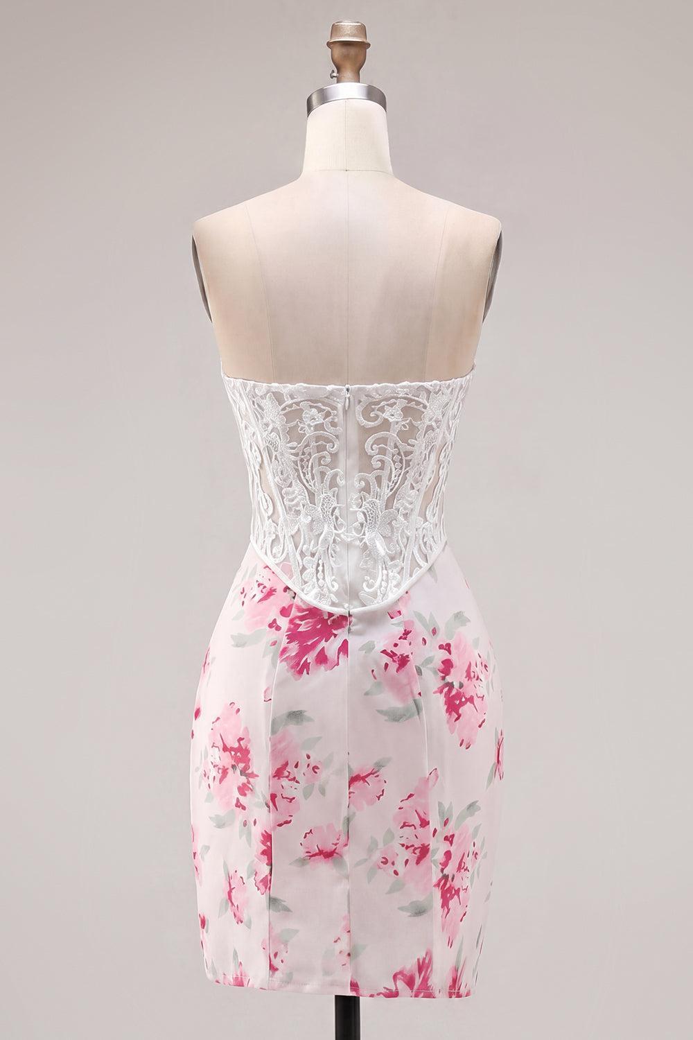 Dressystars White & Fuchsia Floral Sweetheart Lace Corset Tight Short Homecoming Dress