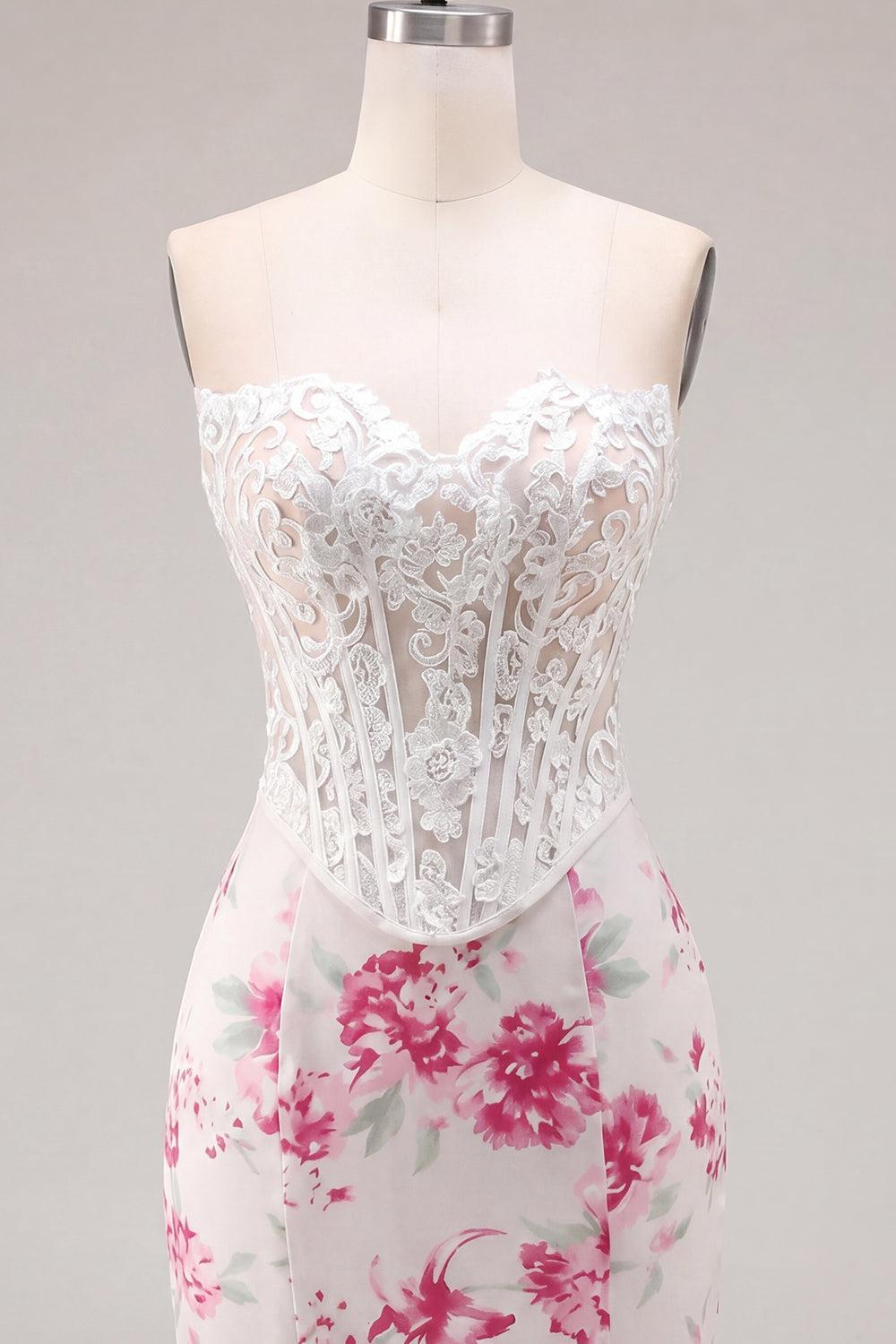 Dressystars White & Fuchsia Floral Sweetheart Lace Corset Tight Short Homecoming Dress