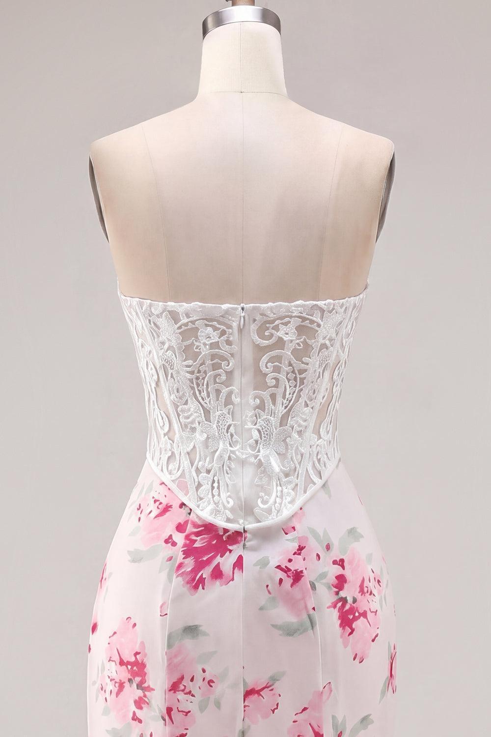 Dressystars White & Fuchsia Floral Sweetheart Lace Corset Tight Short Homecoming Dress