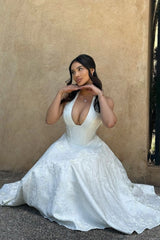 Dressystars White Halter A-Line Jacquard Midi Prom Dress With Structured Corset Bodice Formal Evening Gown