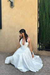 Dressystars White Halter A-Line Jacquard Midi Prom Dress With Structured Corset Bodice Formal Evening Gown