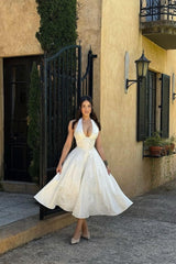 Dressystars White Halter A-Line Jacquard Midi Prom Dress With Structured Corset Bodice Formal Evening Gown