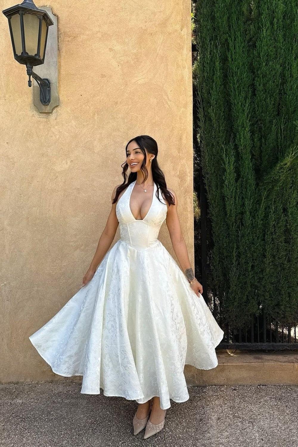 Dressystars White Halter A-Line Jacquard Midi Prom Dress With Structured Corset Bodice Formal Evening Gown