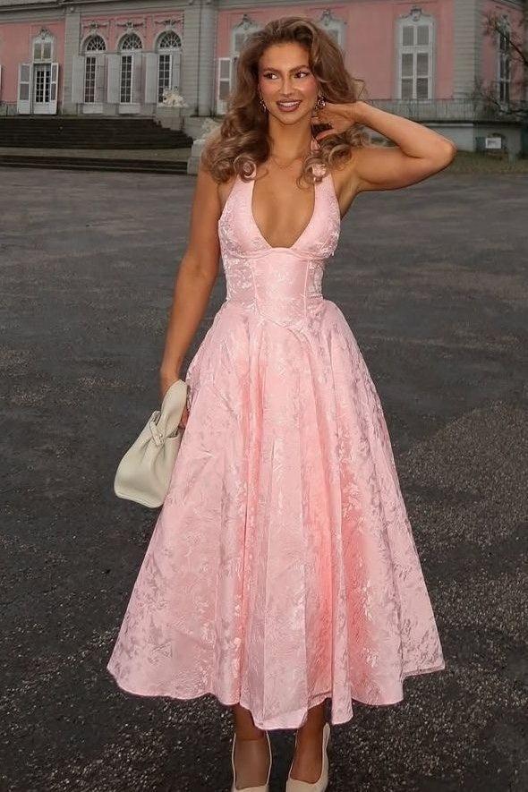 Dressystars White Halter A-Line Jacquard Midi Prom Dress With Structured Corset Bodice Formal Evening Gown