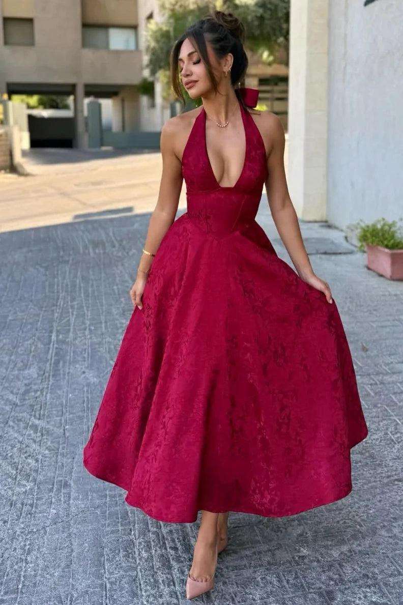 Dressystars White Halter A-Line Jacquard Midi Prom Dress With Structured Corset Bodice Formal Evening Gown