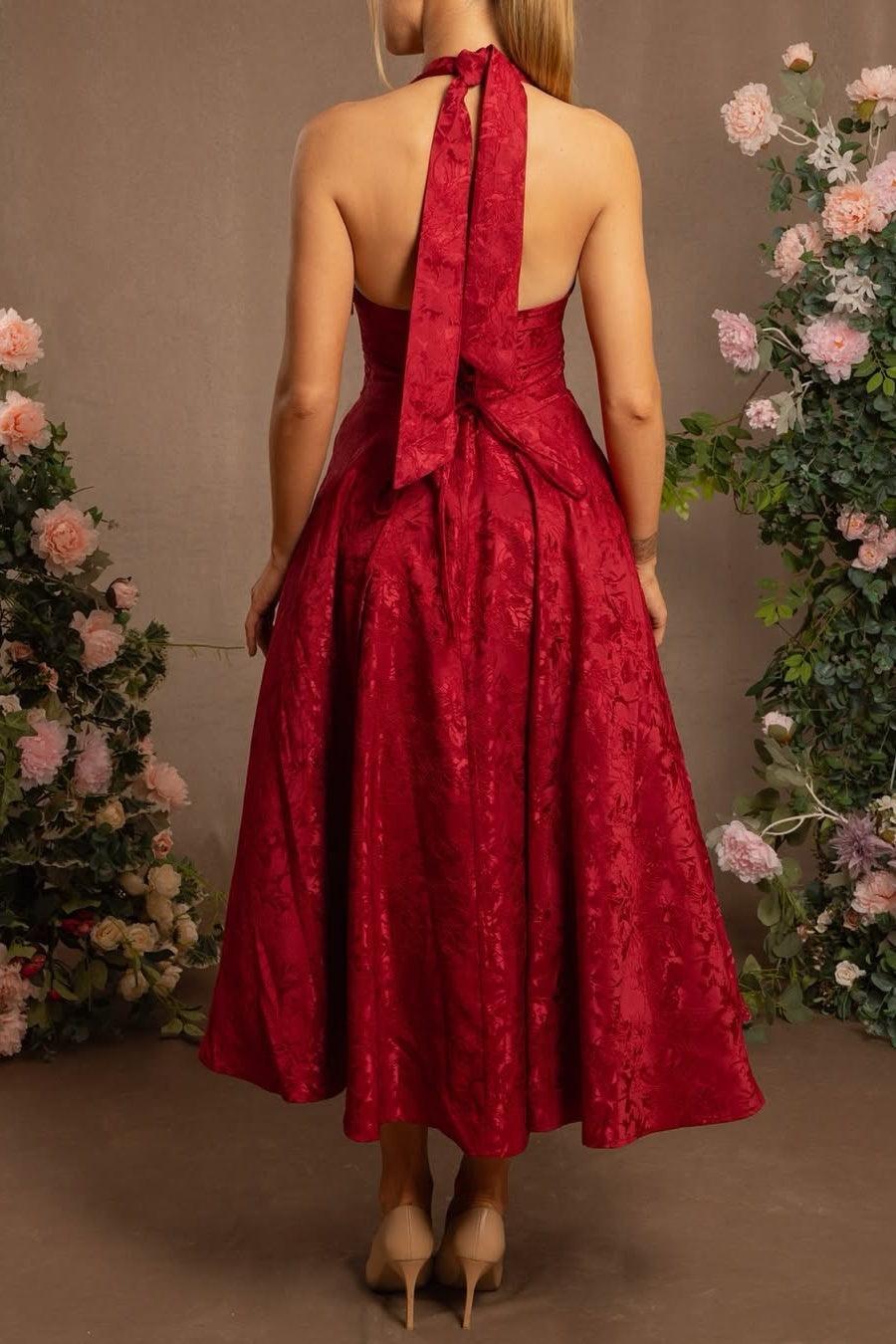 Dressystars White Halter A-Line Jacquard Midi Prom Dress With Structured Corset Bodice Formal Evening Gown