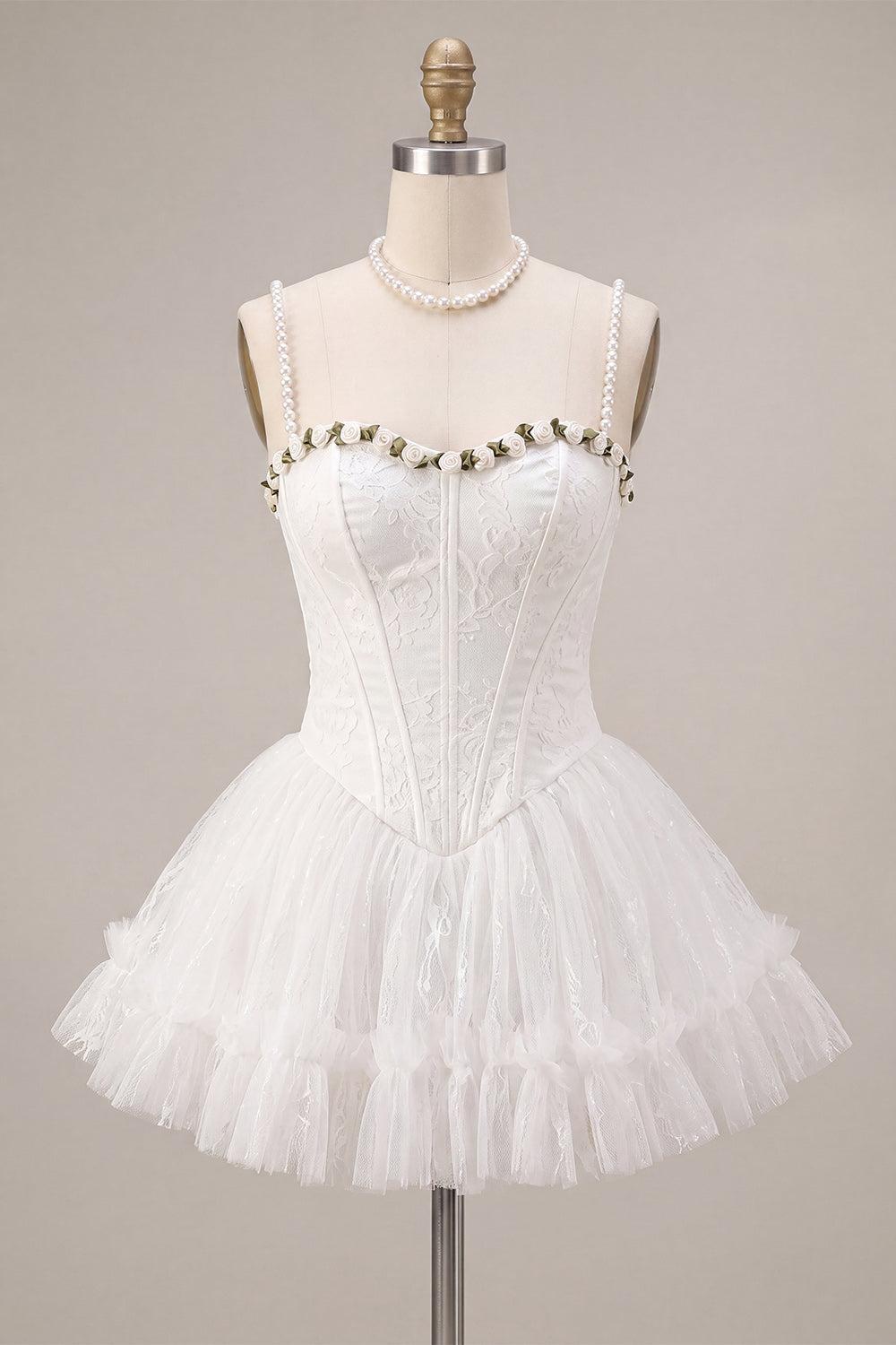 Dressystars White Lace A-Line Corset Short Homecoming Dress with 3D Flowers