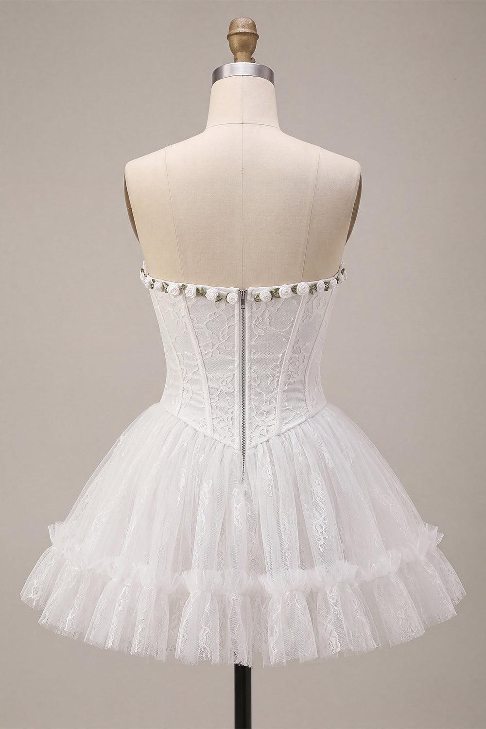 Dressystars White Lace A-Line Corset Short Homecoming Dress with 3D Flowers