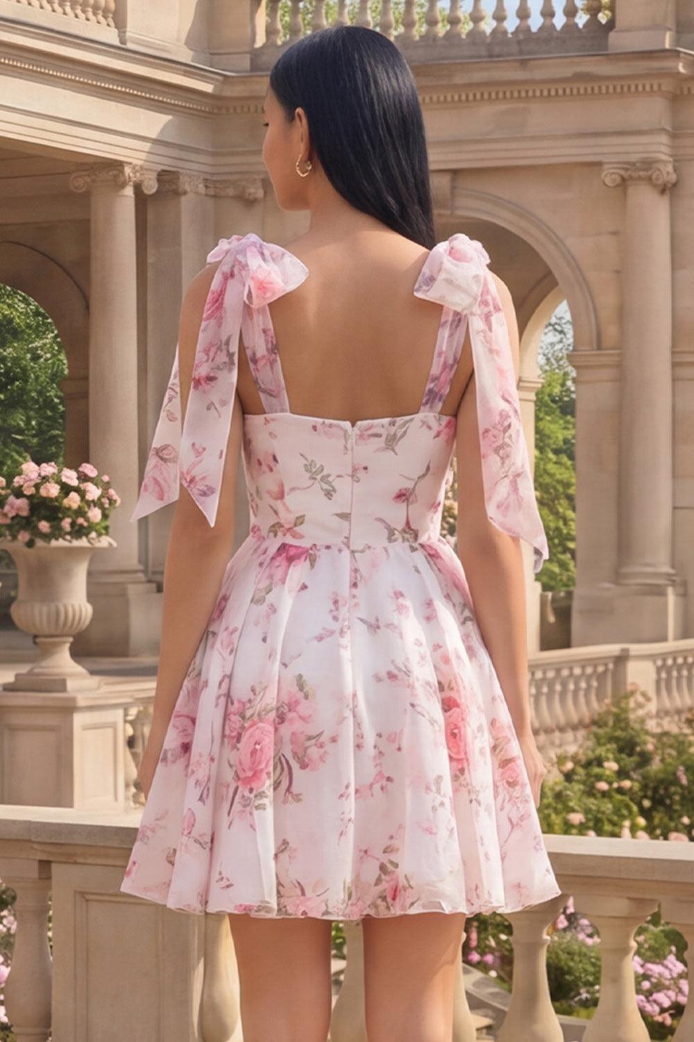 Dressystars White & Pink Floral A-Line Short Homecoming Dress with Bows