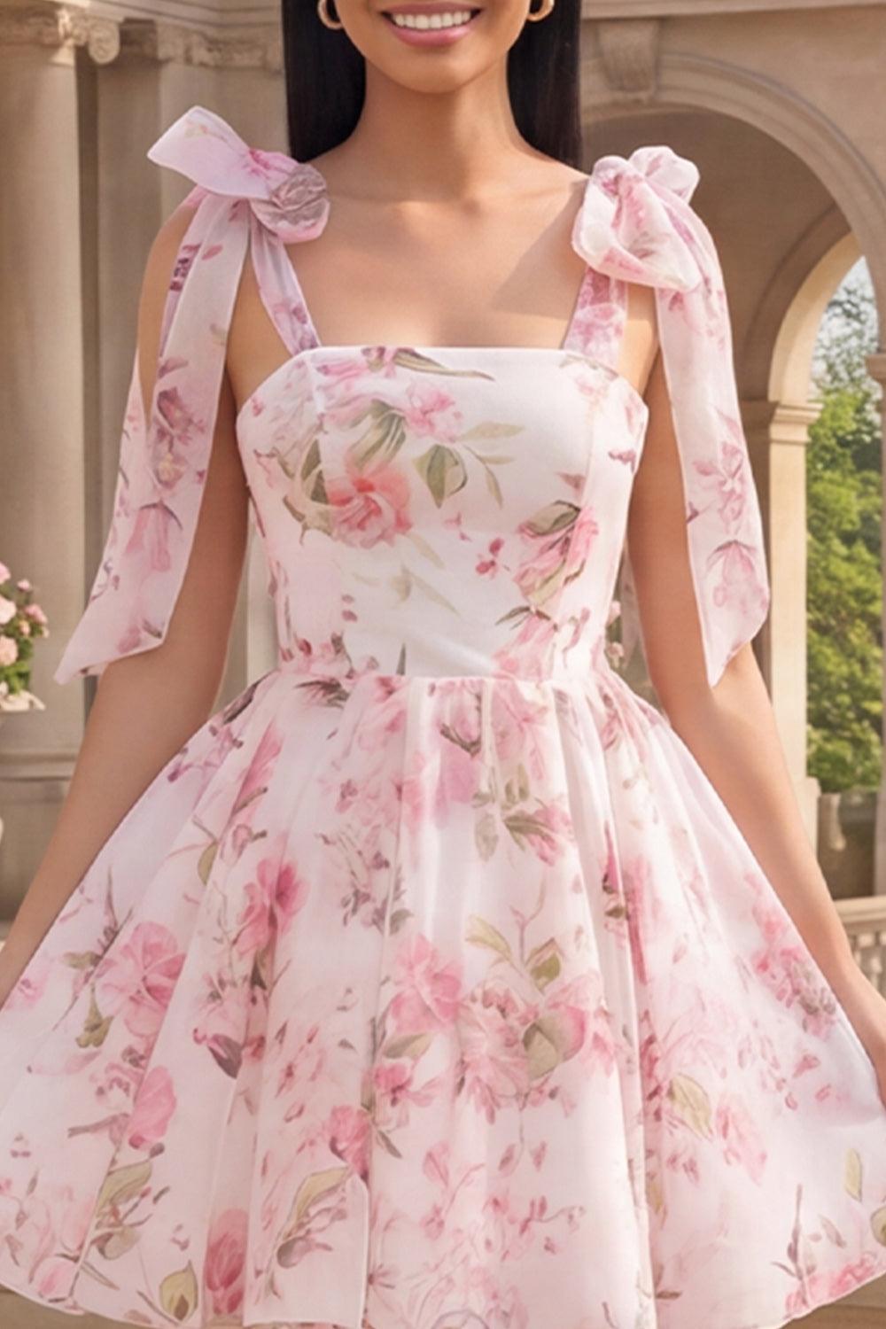 Dressystars White & Pink Floral A-Line Short Homecoming Dress with Bows