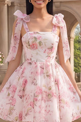 Dressystars White & Pink Floral A-Line Short Homecoming Dress with Bows