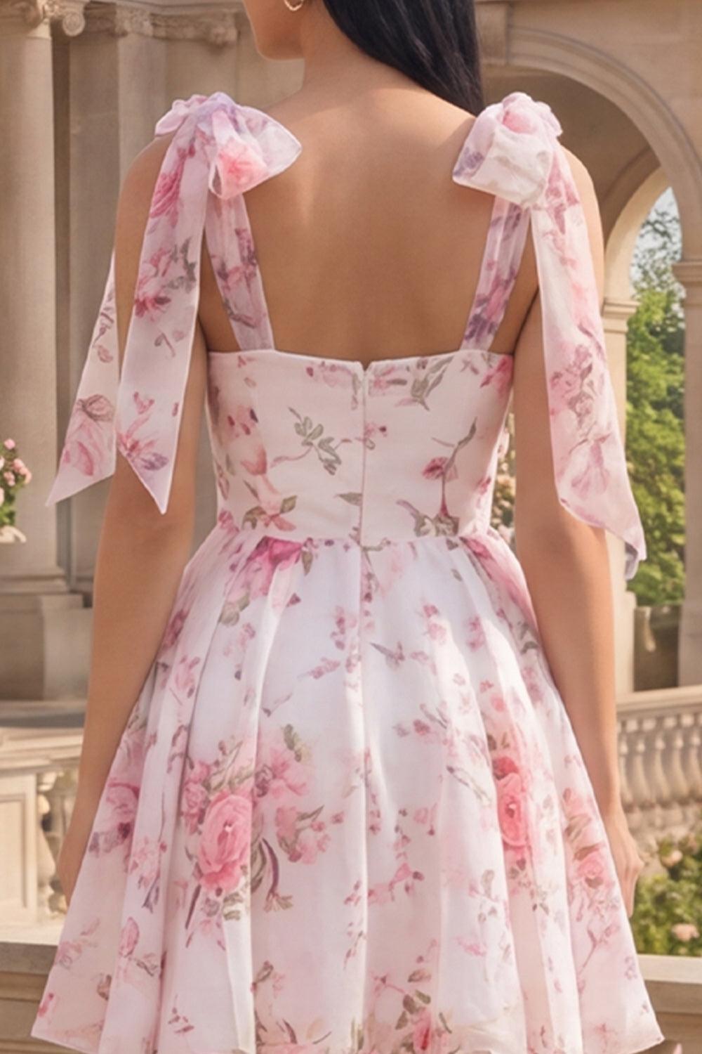 Dressystars White & Pink Floral A-Line Short Homecoming Dress with Bows