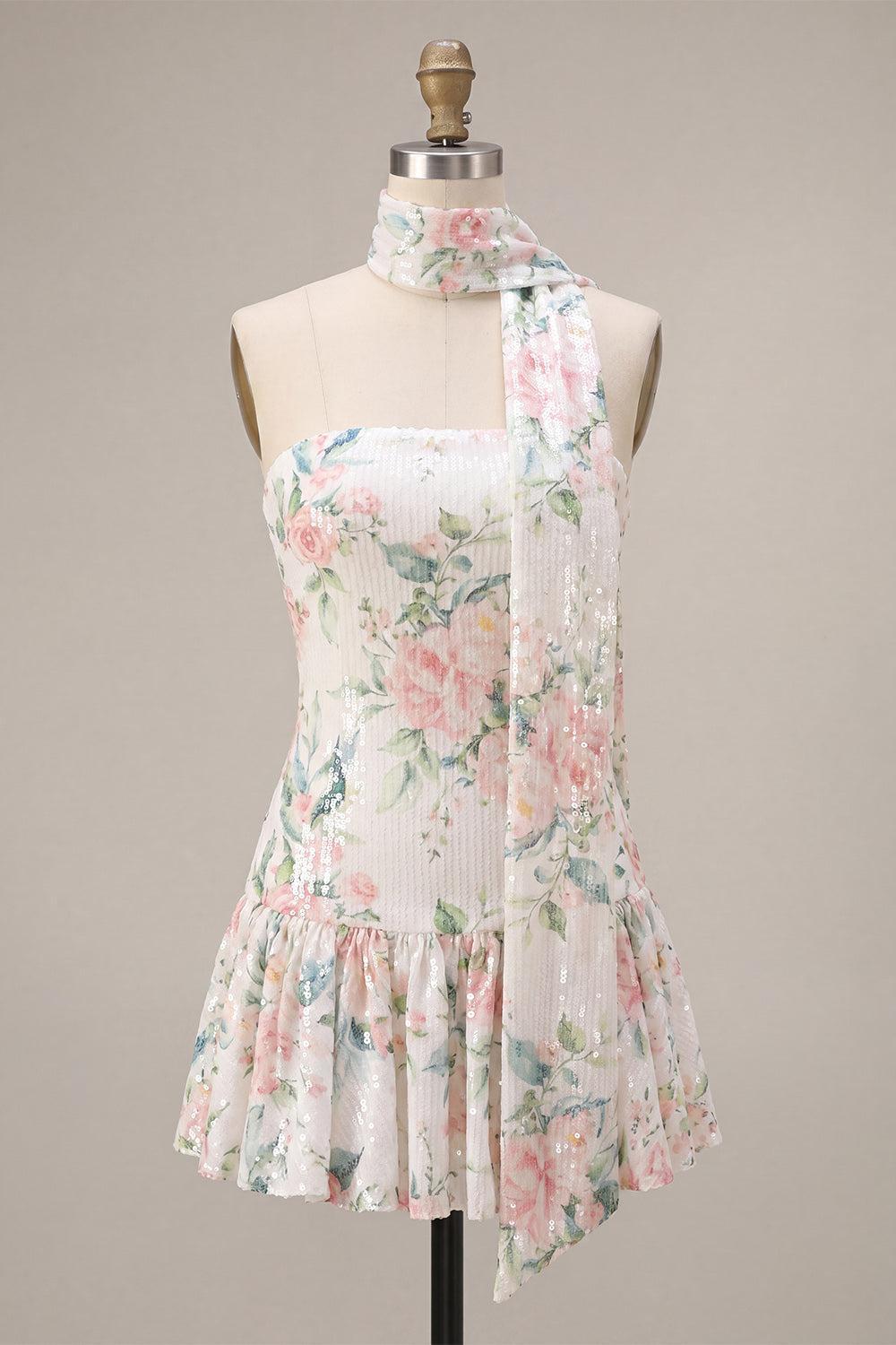 Dressystars White Pink Flower A-Line Sequin Short Homecoming Dress with Neck Scarf