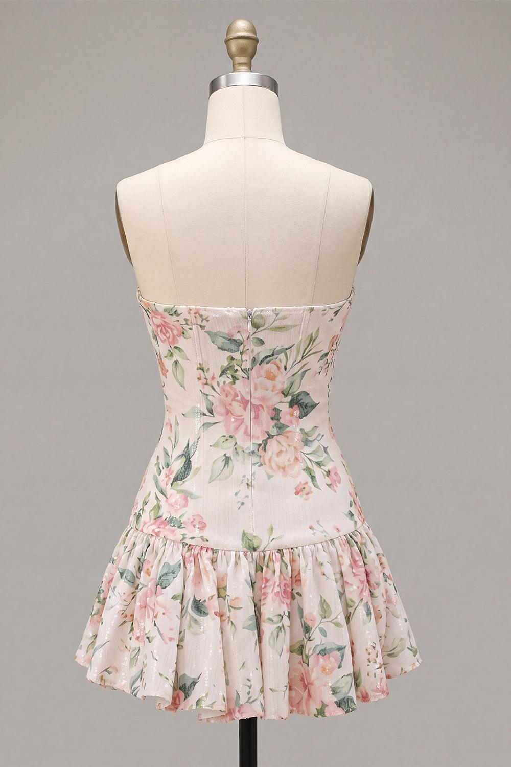 Dressystars White Pink Flower A-Line Sequin Short Homecoming Dress with Neck Scarf