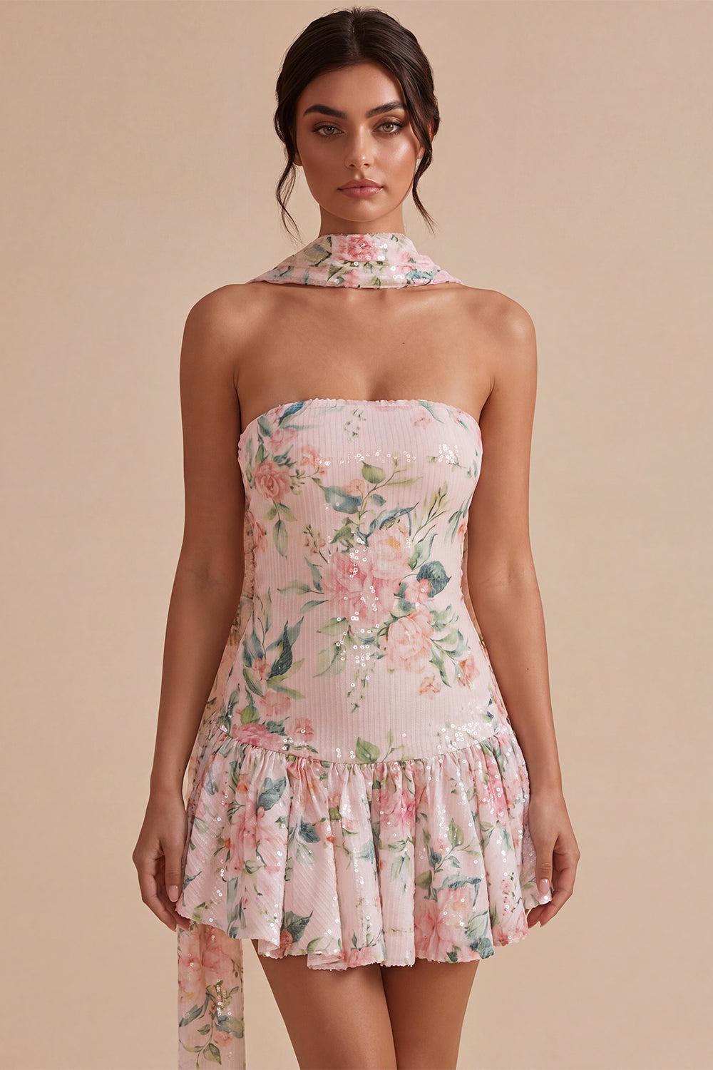 Dressystars White Pink Flower A-Line Sequin Short Homecoming Dress with Neck Scarf