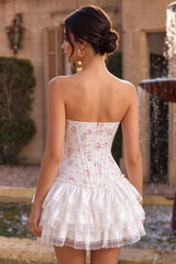 Dressystars White Pink Flower Strapless Corset Short Homecoming Dress with Ruffles
