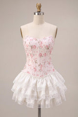 Dressystars White Pink Flower Strapless Corset Short Homecoming Dress with Ruffles