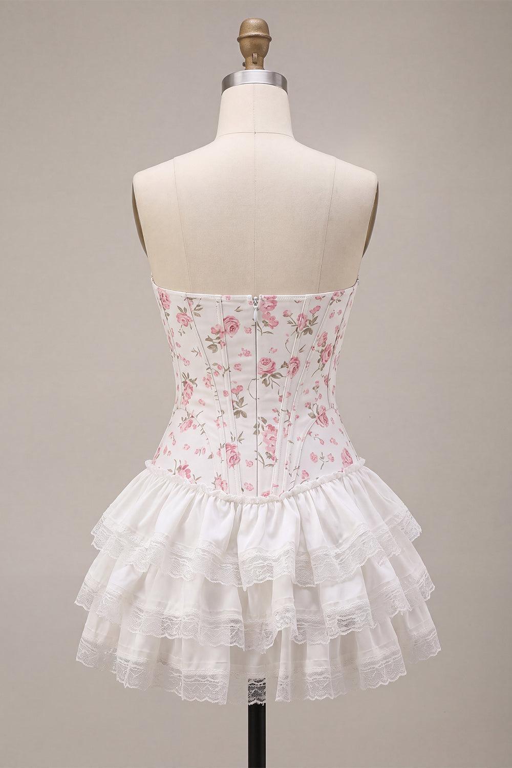 Dressystars White Pink Flower Strapless Corset Short Homecoming Dress with Ruffles