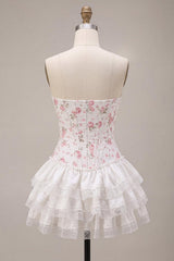 Dressystars White Pink Flower Strapless Corset Short Homecoming Dress with Ruffles