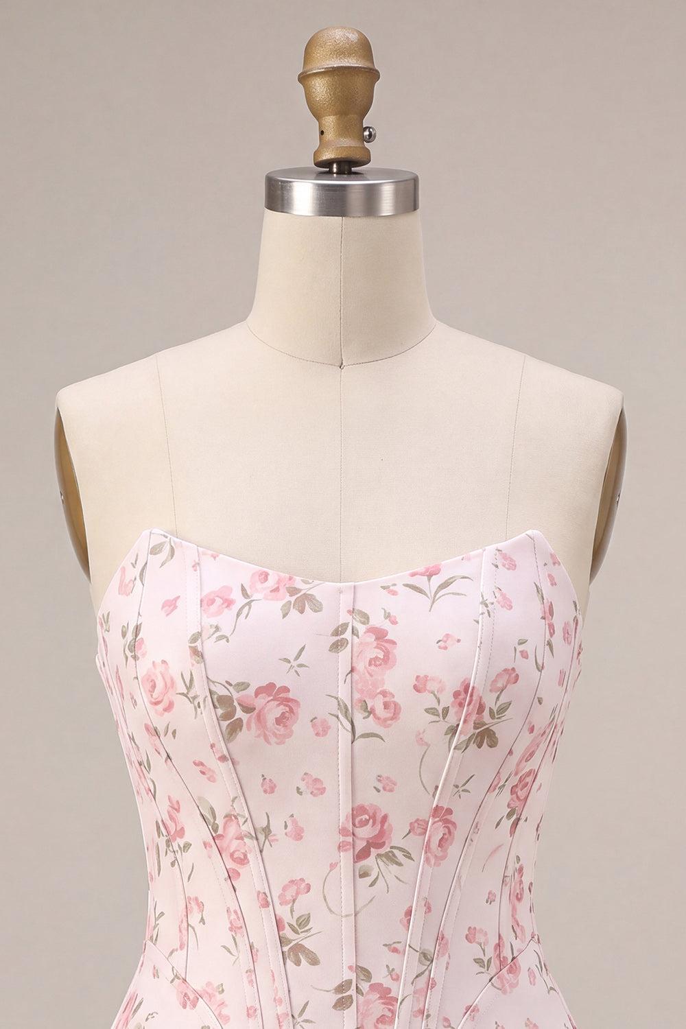 Dressystars White Pink Flower Strapless Corset Short Homecoming Dress with Ruffles