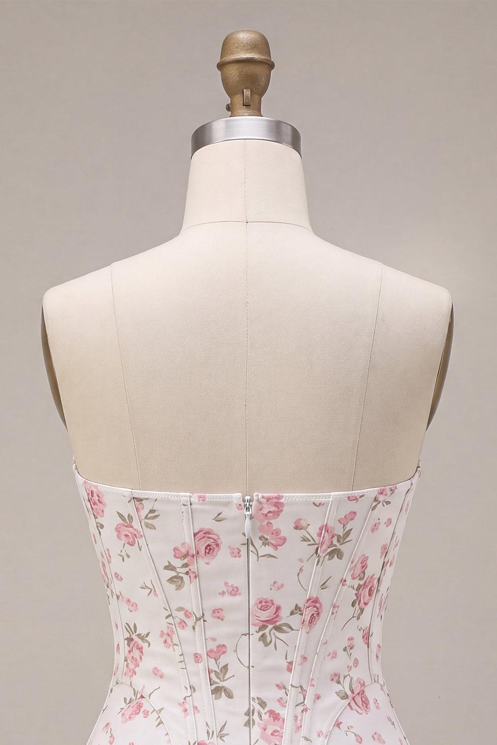 Dressystars White Pink Flower Strapless Corset Short Homecoming Dress with Ruffles