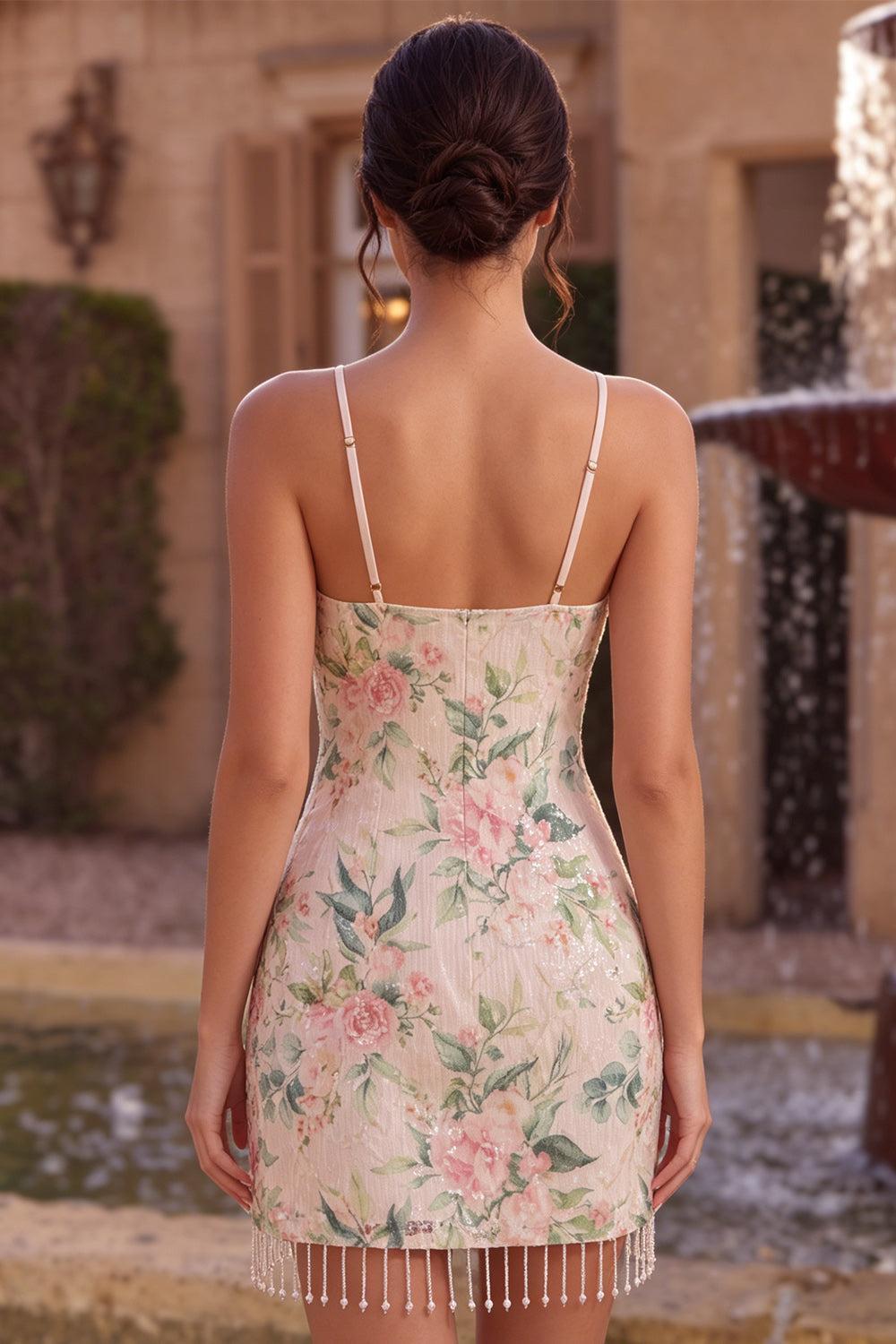 Dressystars White Pink Flower Tight Fringed Sequin Short Homecoming Dress