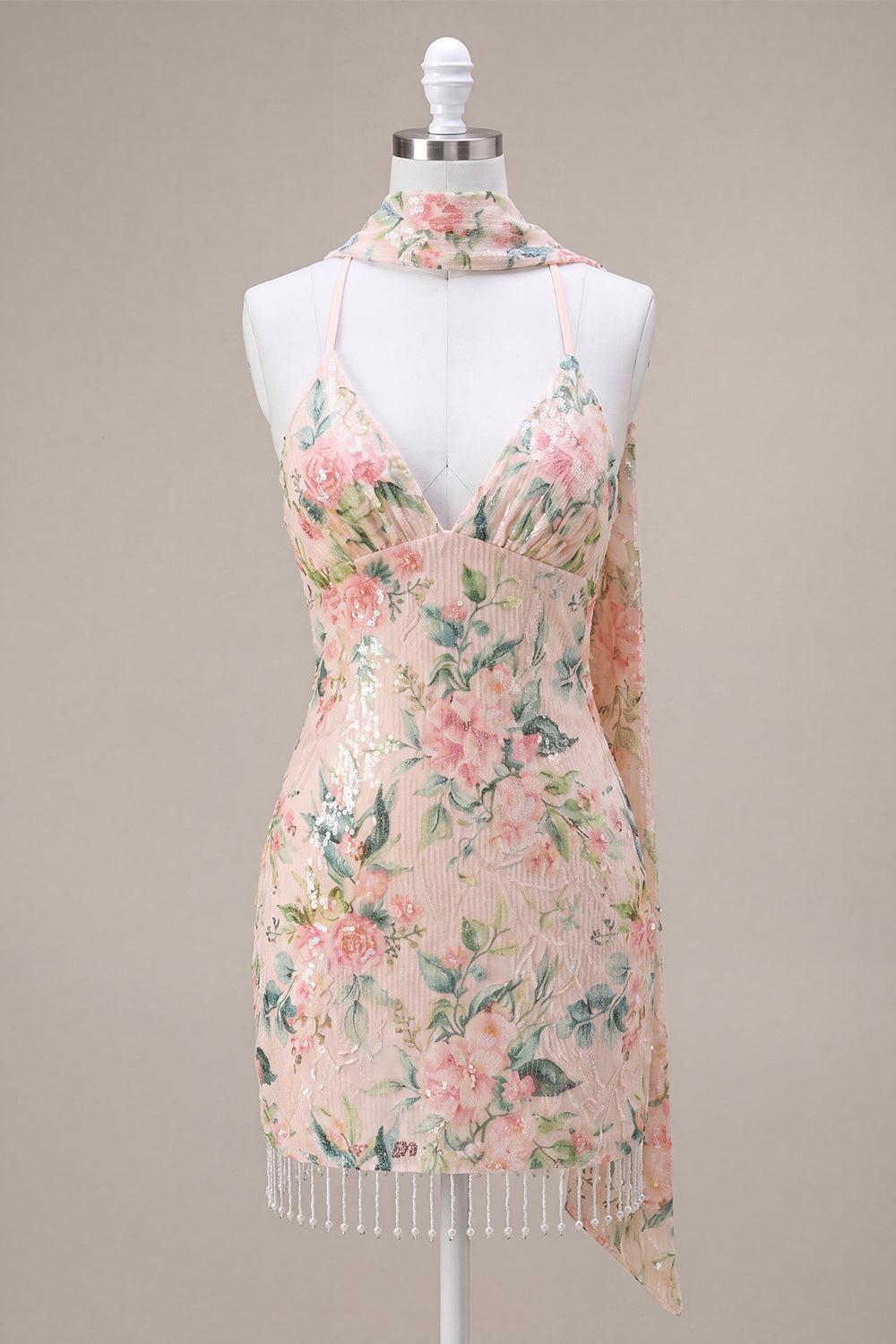Dressystars White Pink Flower Tight Fringed Sequin Short Homecoming Dress
