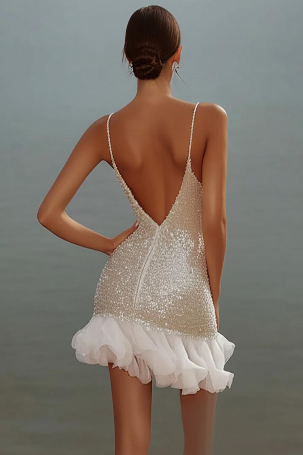 Dressystars White Sequin V-Neck Bodycon Short Graduation Dress