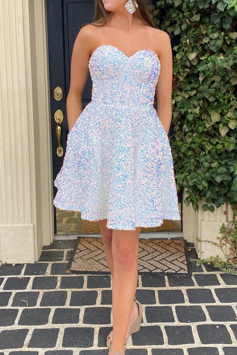 Dressystars White Sweetheart Homecoming Dress Corset A-Line Sequin Party Dress