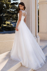 Dressystars White Wedding Dress A Line Crew Sleeveless Lace Sweep Train Tulle Bridal Gown With Slit