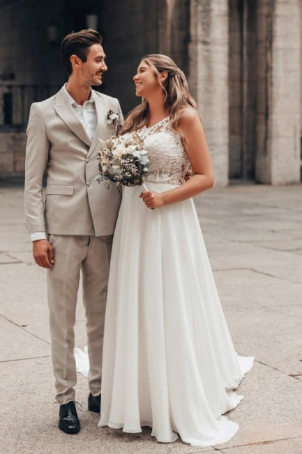 Dressystars White Wedding Dress A Line Lace Chiffon Sleeveless Backless Bridal Gown