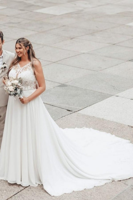 Dressystars White Wedding Dress A Line Lace Chiffon Sleeveless Backless Bridal Gown
