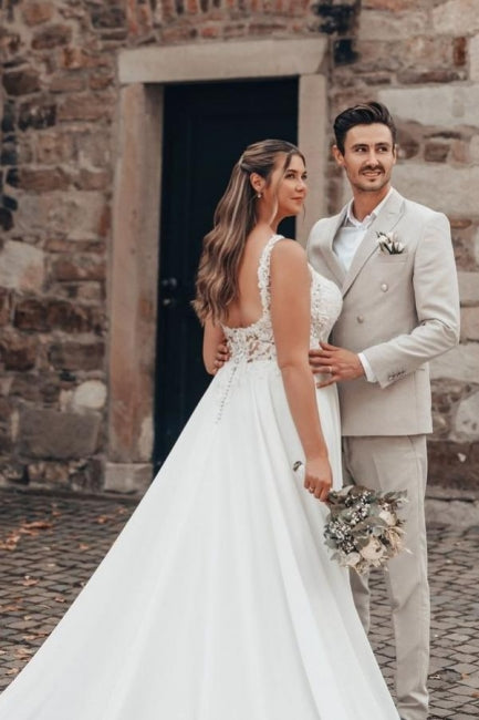 Dressystars White Wedding Dress A Line Lace Chiffon Sleeveless Backless Bridal Gown