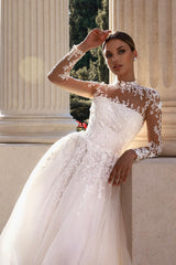 Dressystars White Wedding Dress A Line Lace High Neck Illusion Sleeves Sweep Train Tulle Bridal Gown With Appliques