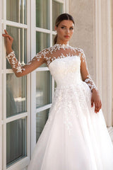 Dressystars White Wedding Dress A Line Lace High Neck Illusion Sleeves Sweep Train Tulle Bridal Gown With Appliques