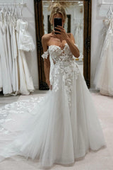 Dressystars White Wedding Dress A Line Lace Off The Shoulder Sleeveless Cathedral Train Tulle Bridal Gown With Appliques