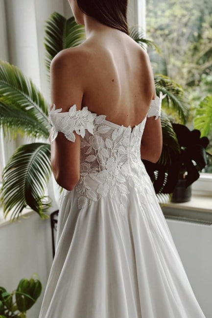 Dressystars White Wedding Dress A Line Off The Shoulder Bridal Gown With Slit