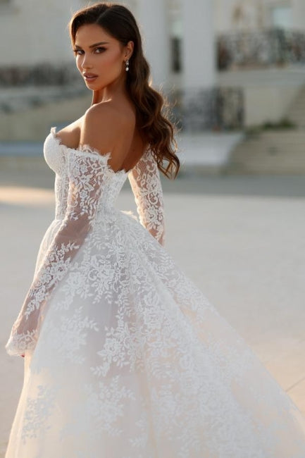 Dressystars White Wedding Dress A Line Off The Shoulder Lace Bridal Gown With Sleeves