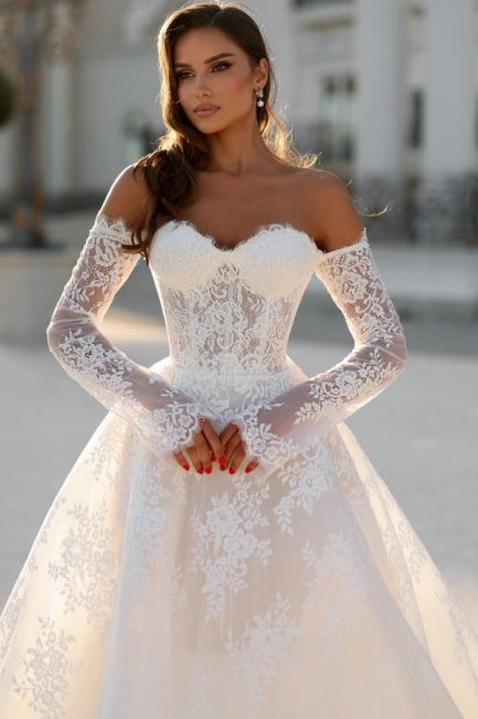 Dressystars White Wedding Dress A Line Off The Shoulder Lace Bridal Gown With Sleeves