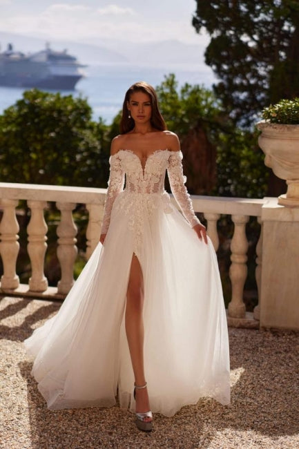 Dressystars White Wedding Dress A Line Off The Shoulder Sleeve Tulle Bridal Gown With Appliques
