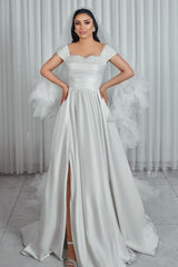 Dressystars White Wedding Dress A Line Off The Shoulder Sleeveless Beaded Ruffle Satin Bridal Gown With Slit