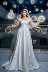 Dressystars White Wedding Dress A Line Off The Shoulder Sleeveless Beaded Ruffle Satin Bridal Gown With Slit