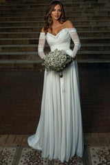 Dressystars White Wedding Dress A Line Off The Shoulder Sleeves Chiffon Ruffles Bridal Gown