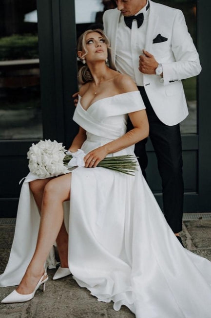 Dressystars White Wedding Dress A Line Off The Shoulder Split Front Lace Up Bridal Gown Panel Train